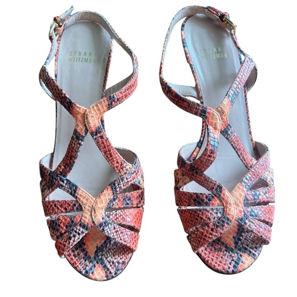 Stuart Weitzman Orange Snakeskin Strappy Kitten Heel Sandals Size 7 Open Toe - Picture 2 of 6